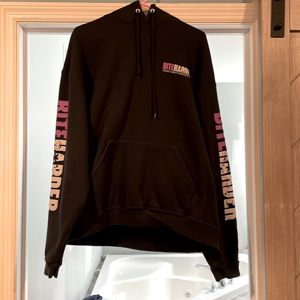 Fruit of the Loom Black Hoodie with Pink and Cream Sleeve Text